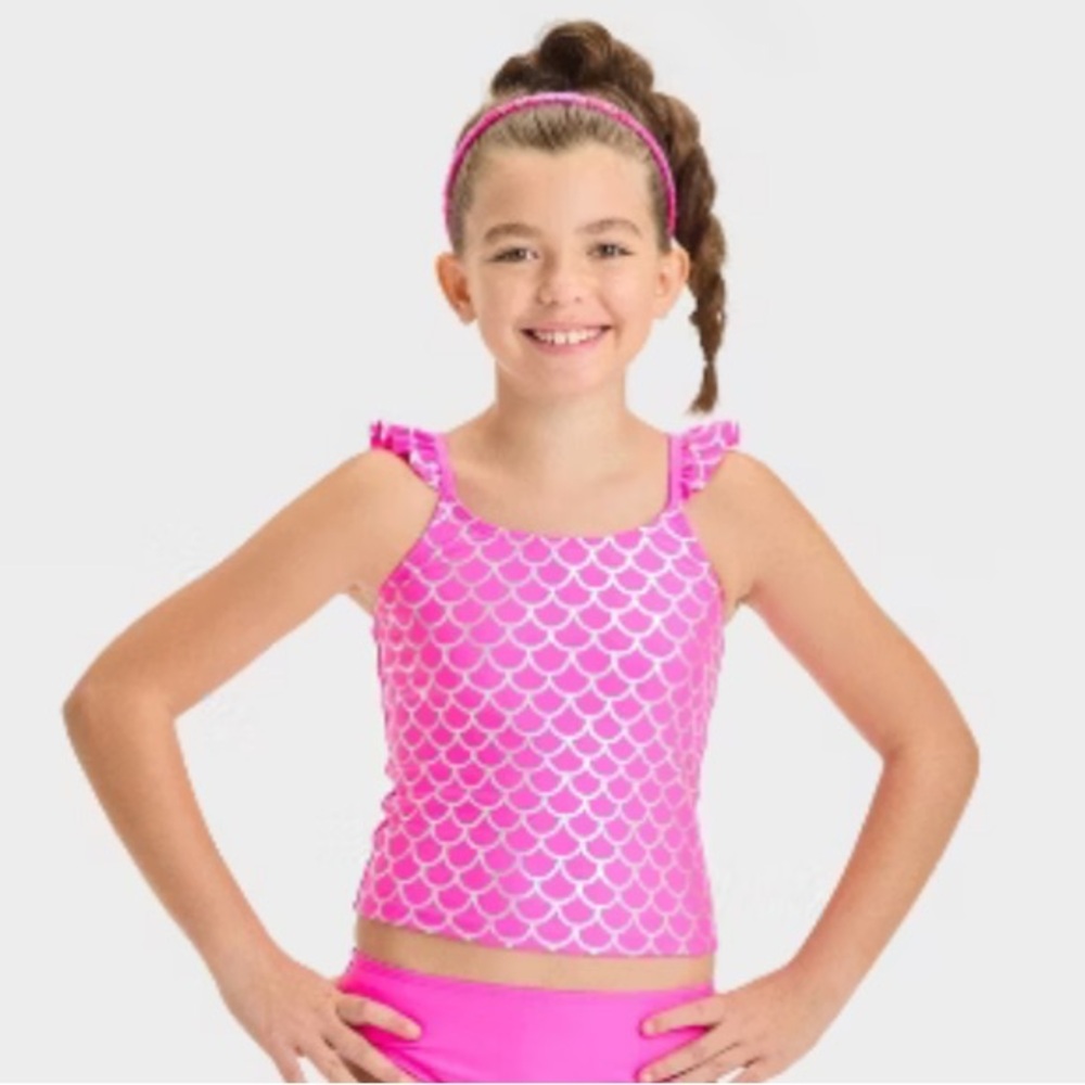 Cat & Jack Pink Scallop tankini bikini top size 8 adjustable straps TOP ONLY